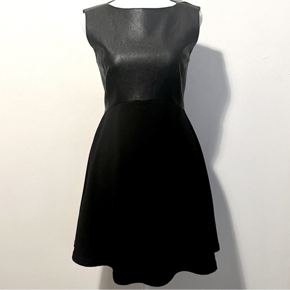 Black French Connection fit-and-flare mini dress with faux leather top